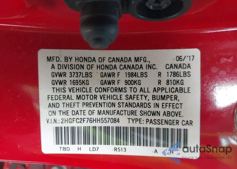 2017 Honda Civic Ex from USA, damaged, VIN 2HGFC2F76HH557084